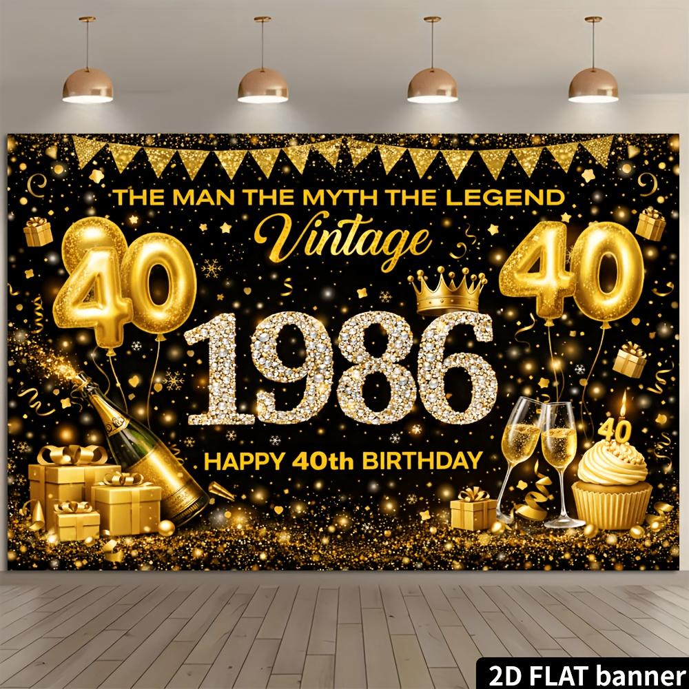 2D plane 40th birthday party banner background - black and gold retro theme, with golden balloons