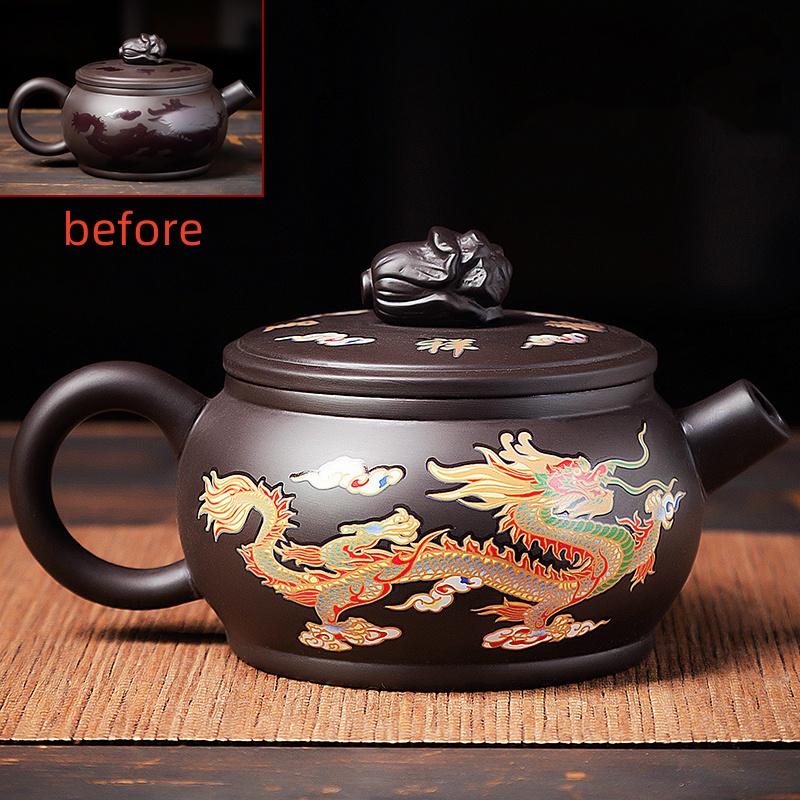 Исинский фиолетовый глиняный горшок, домашний китайский чайный сервиз с драконом и фениксом, меняющий цвет при нагревании