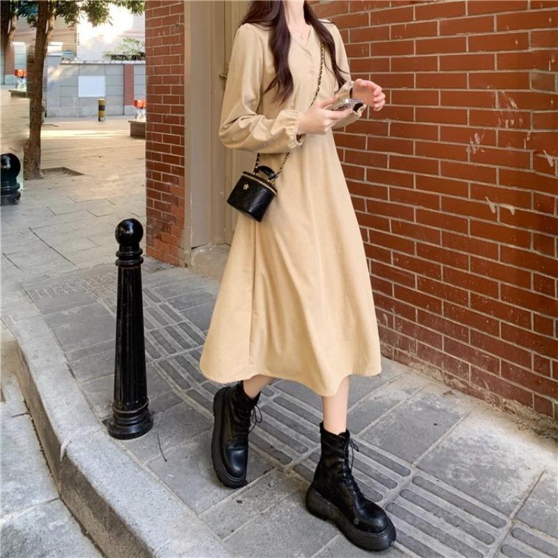 Женское весеннее платье в стиле ретро во французском стиле с V-образным вырезом и ремешком на талии из качественного вельвета