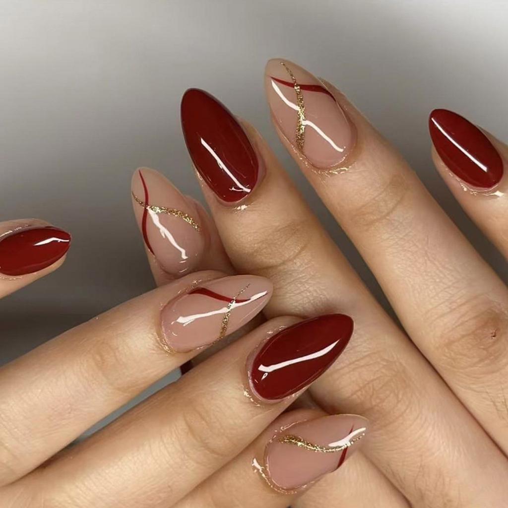 Короткие миндальные накладные ногти с глянцевым покрытием для новогоднего французского акрилового маникюра для женщин и девочек 24 шт.