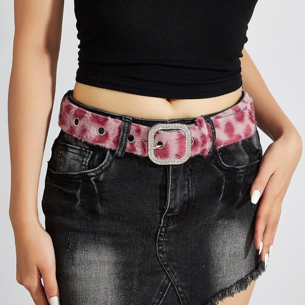 Pink Plush Women's Belt Leopard Print Waist Belt Fashion Pin Buckle Waistband Jeans Accessories