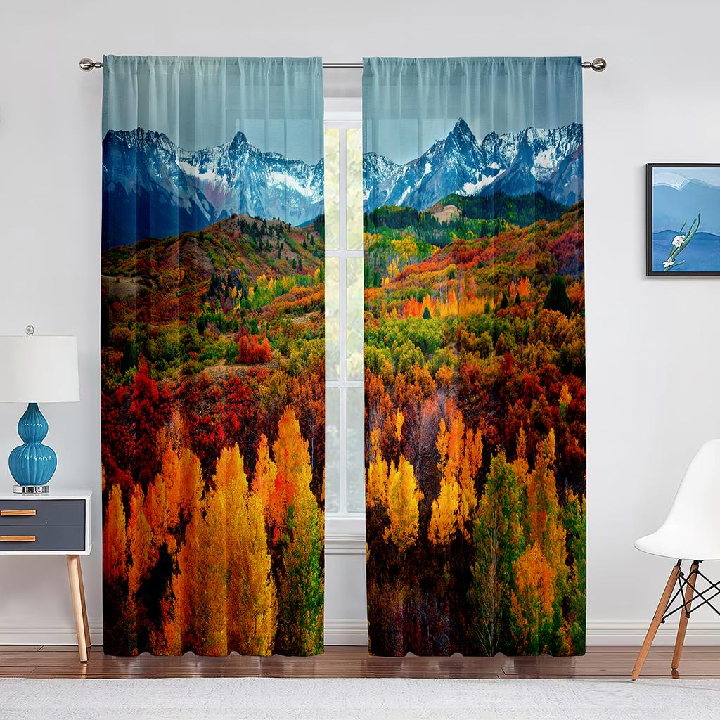 Fall Forest Tulle Curtains for Living Room Bedroom Decoration Autumn Trees Woodland Sunshine Nature Scenery Sheer Voile Curtain