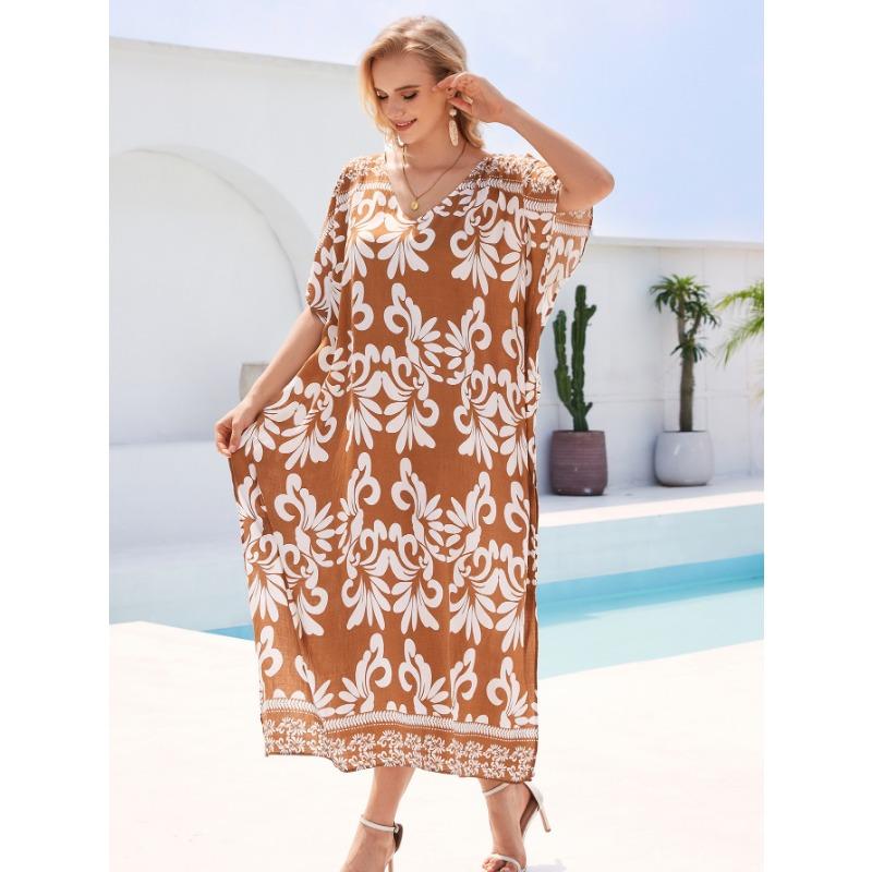 Плюс Размер Женщин Пляжный Принт Свободное Платье Накидка