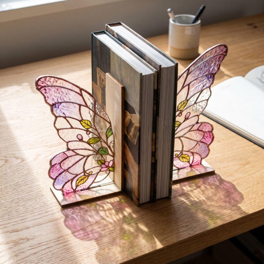 Decorative Butterfly Wings Bookend Set Acrylic Book Support with Bases Book Ornaments Office Shelf