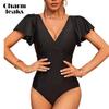 Charmleaks Sexy Deep V Neck Solid Color One Piece Swimwear for Women Short Sleeve Bath Suit Monkini