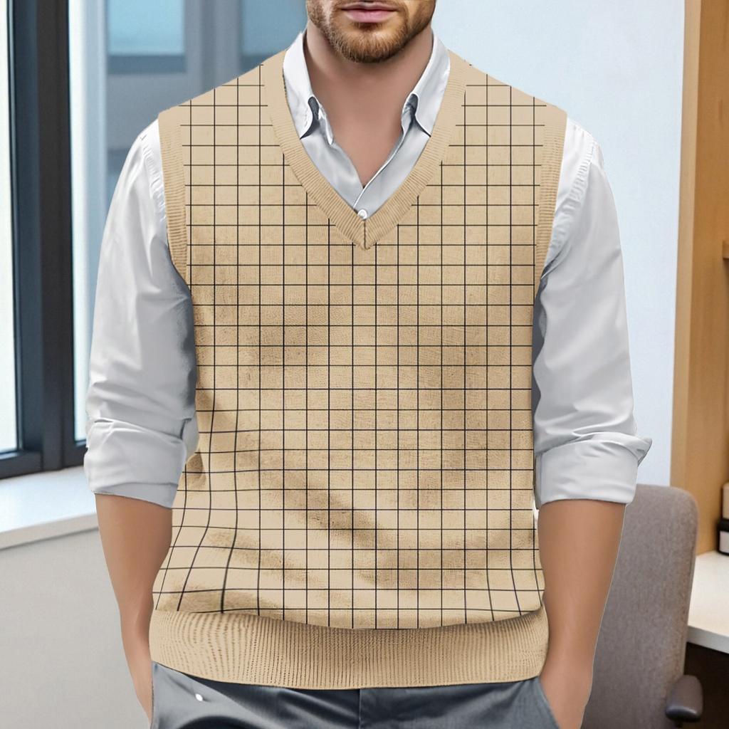 Мужской жилет без рукавов с клетчатым принтом и V-образным вырезом, вязаный джемпер