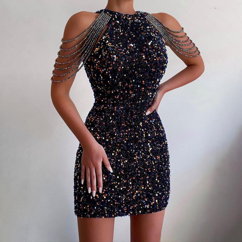 Женское платье-карандаш без рукавов с кисточками на талии и плечами, с запахом на талии, мини-платье с лямкой на шее для коктейльной вечеринки