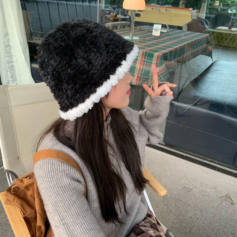 Warm Girls Bucket Hat Windproof Lamb Fleece Basin Cap Fashion Faux Fur Bucket Hat  Women
