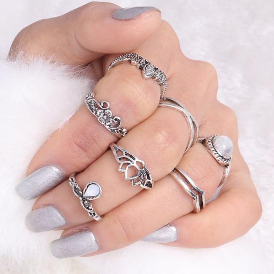 7 Pcs Vintage Women Hollow Carving Lotus Flower Waterdrop Knuckle Midi Rings Set AVE