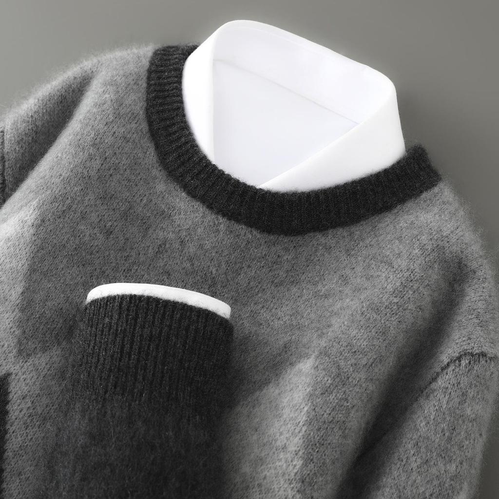 Men's Color Block Wool Sweater: Round Neck, Thick, Simple Design, 100% Pure Cashmere, Perfect for Autumn/Winter.