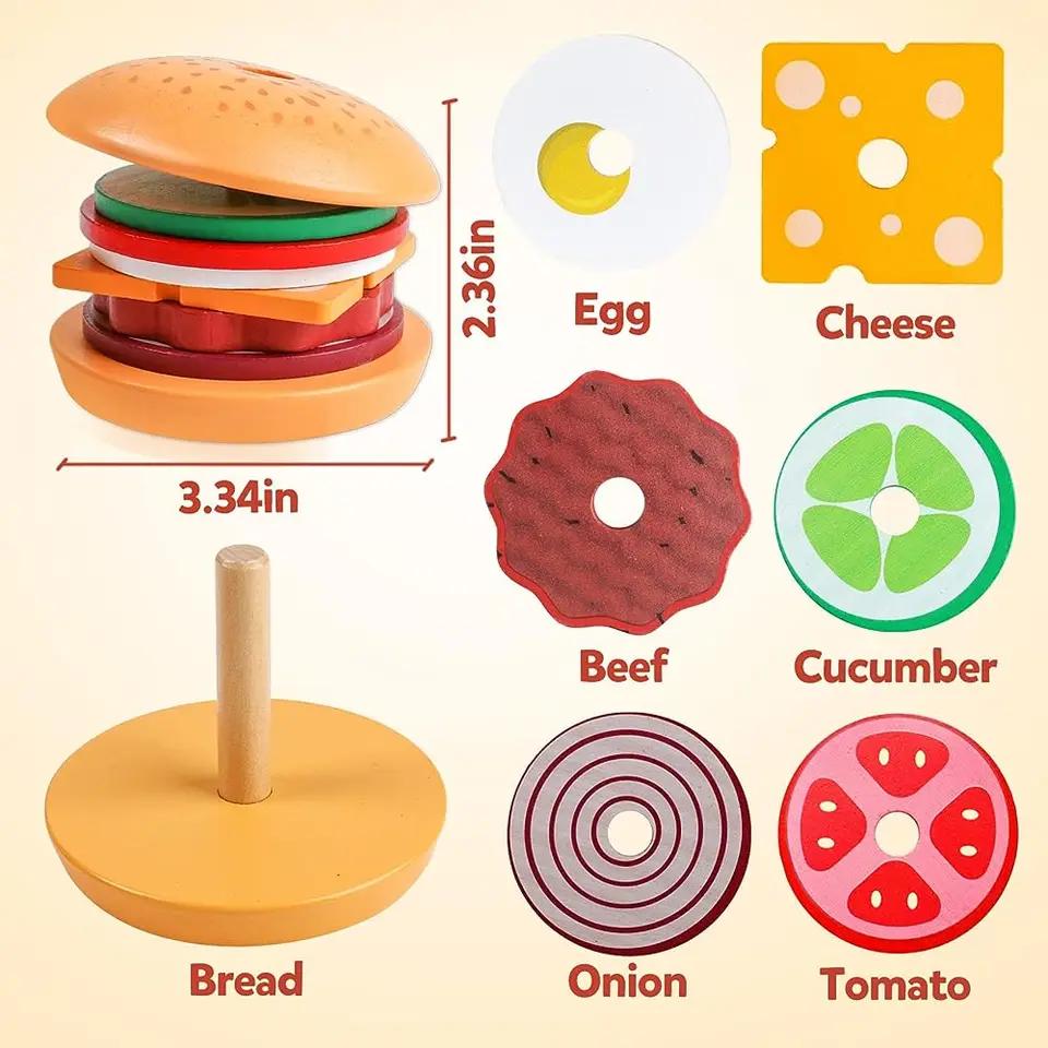 Montessori Wooden Hamburger Sandwich Stacking Toy for Toddler Preschool Educational Fine Motor Skill Kitchen Pretend Play Food