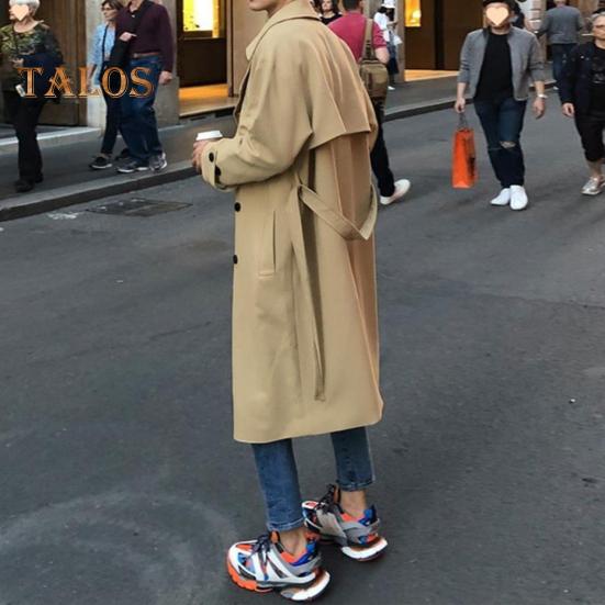 Мужская ветровка, пальто с лацканами, длинный рукав, двубортный, регулируемый пояс, тренчкот с карманами, однотонный, свободного кроя, верхняя одежда средней длины