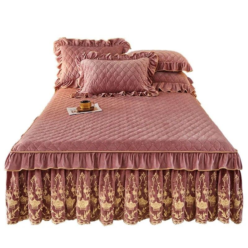 Европейский бархатный покрывало для кровати, комплект королевского размера, роскошная юбка с вышивкой, мягкая с 2 наволочками, дропшиппинг