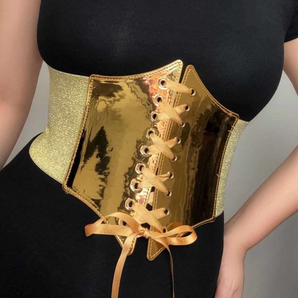 PU Leather Wide Belt Gold Silver Corset Belt Versatile Waist Strap for Women