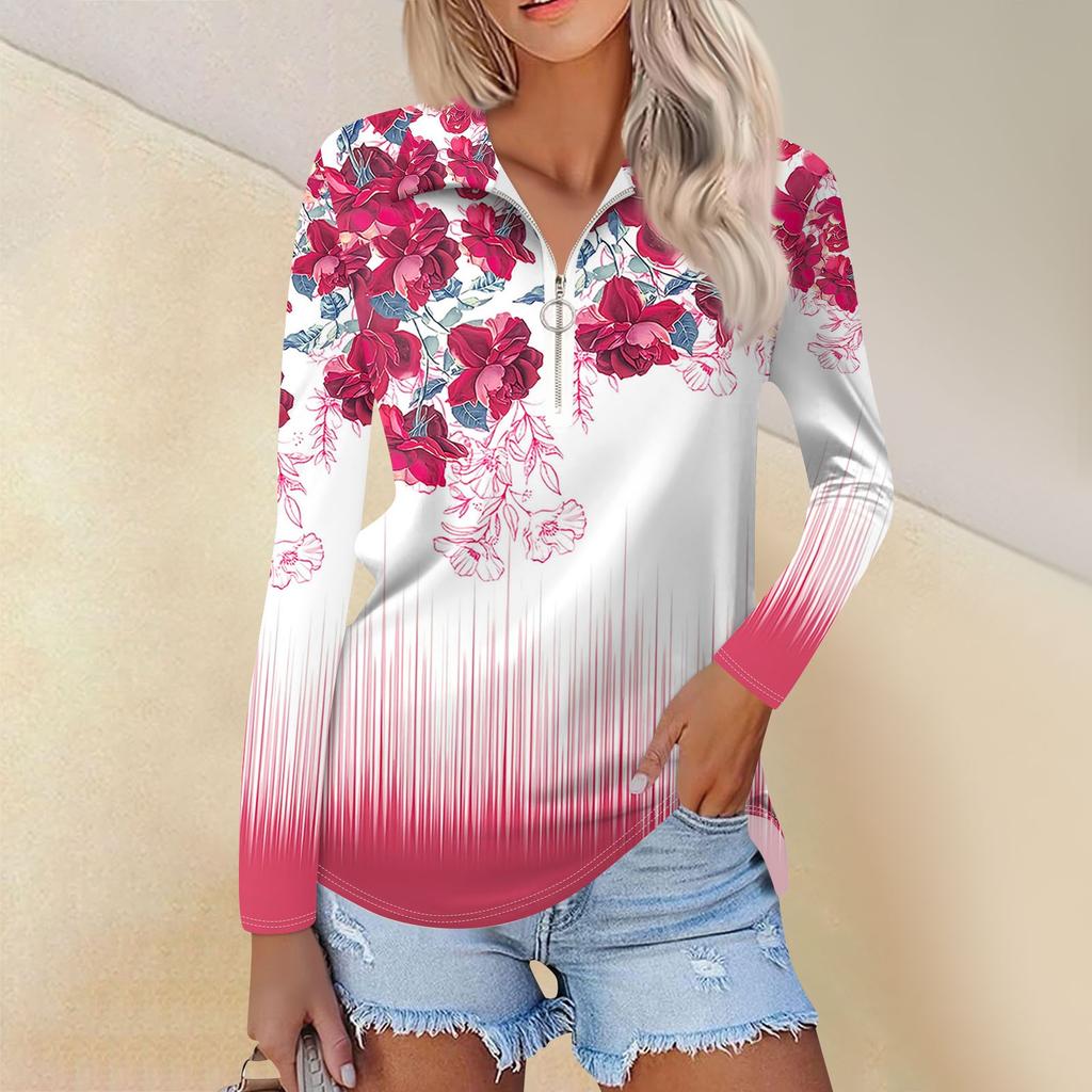 Women's Spring And Fashion Casual Printed Zipper V-Neck Long Sleeve Shirt Tops