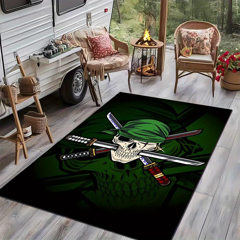 RV Camping Mat,Anime-Style Print with Three Long Knives Stabbed into a Skull Wearing a Pirate Bandana,Suitable for Outdoor Camping,Picnics,L