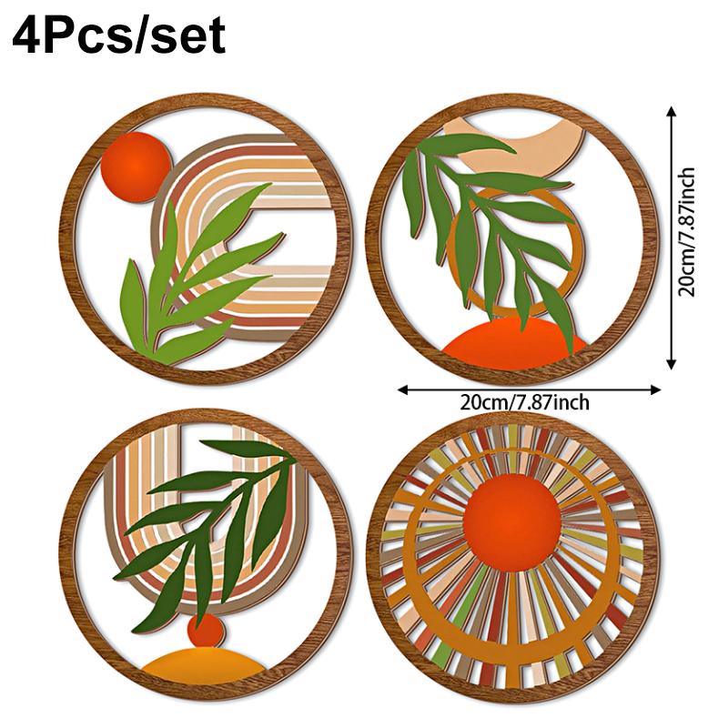 4pcs/Set Wood Homestay Crafts Decorative Hollow Pattern Wall Hanging Circular Design Pendants Home Decoration