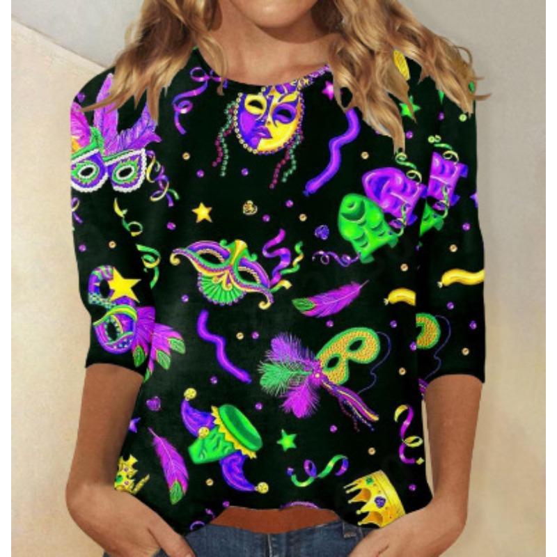 Round Neck 3D Mask Printed Top Fashionable Casual Long Sleeved Women's T-shirts