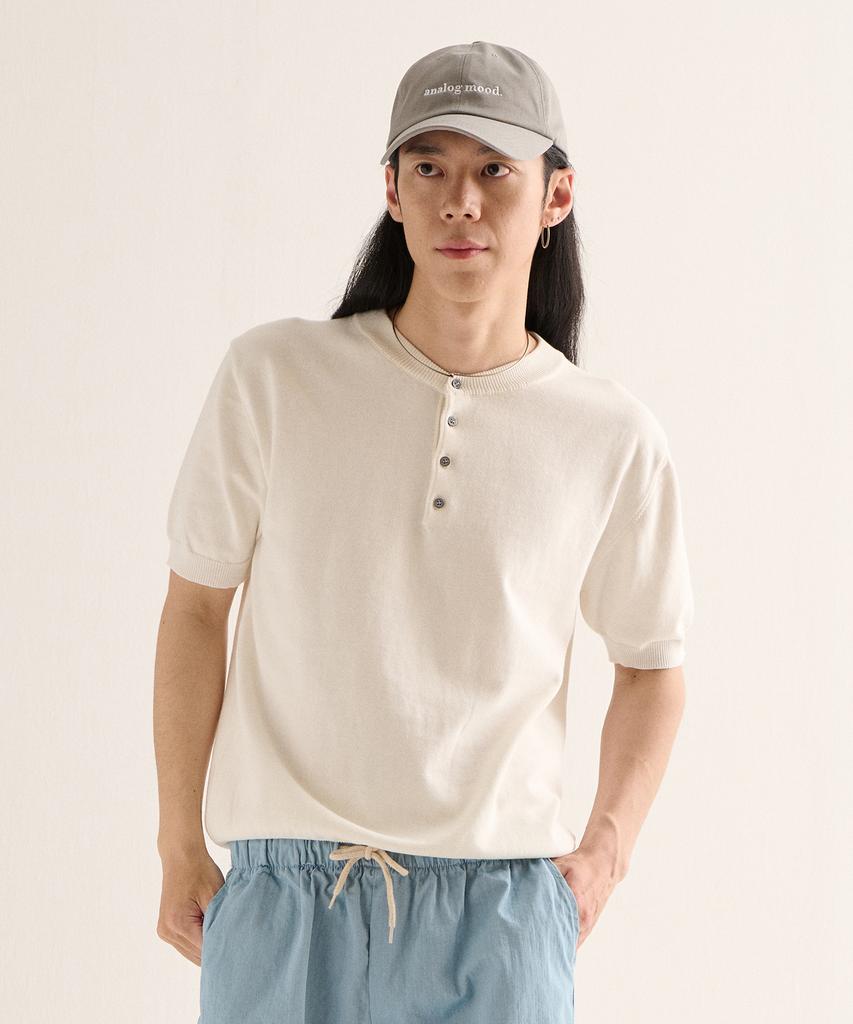 ANALOG MOOD Formal Henley Neck Cooling Short Sleeve Knit (Ivory)