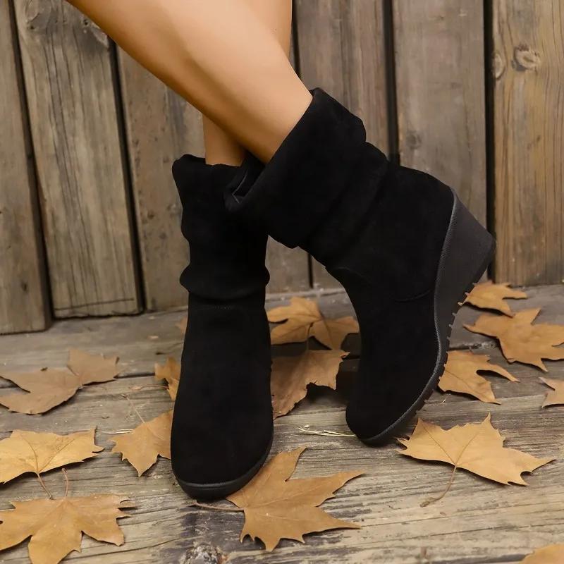 Fashion Large Wedge Heel Height Increasing Fashion Boots 2024 Autumn/winter Suede Round Toe European and American Style Women's Boots