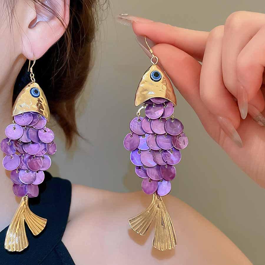 Изысканные Серьги-подвески с Маленькой Рыбкой для Женщин Преувеличенные Серьги с Фиолетовой Ракушкой и Длинной Кисточкой Осенние Праздничные Ювелирные Аксессуары
