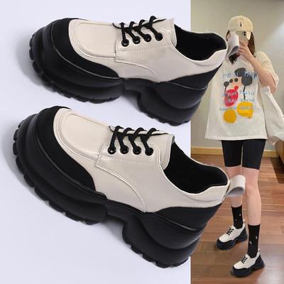 SJN6789-2 Женские туфли-лоферы осень 2024 года на толстой подошве с круглым носком и шнуровкой в цветных блоках, увеличивающие рост