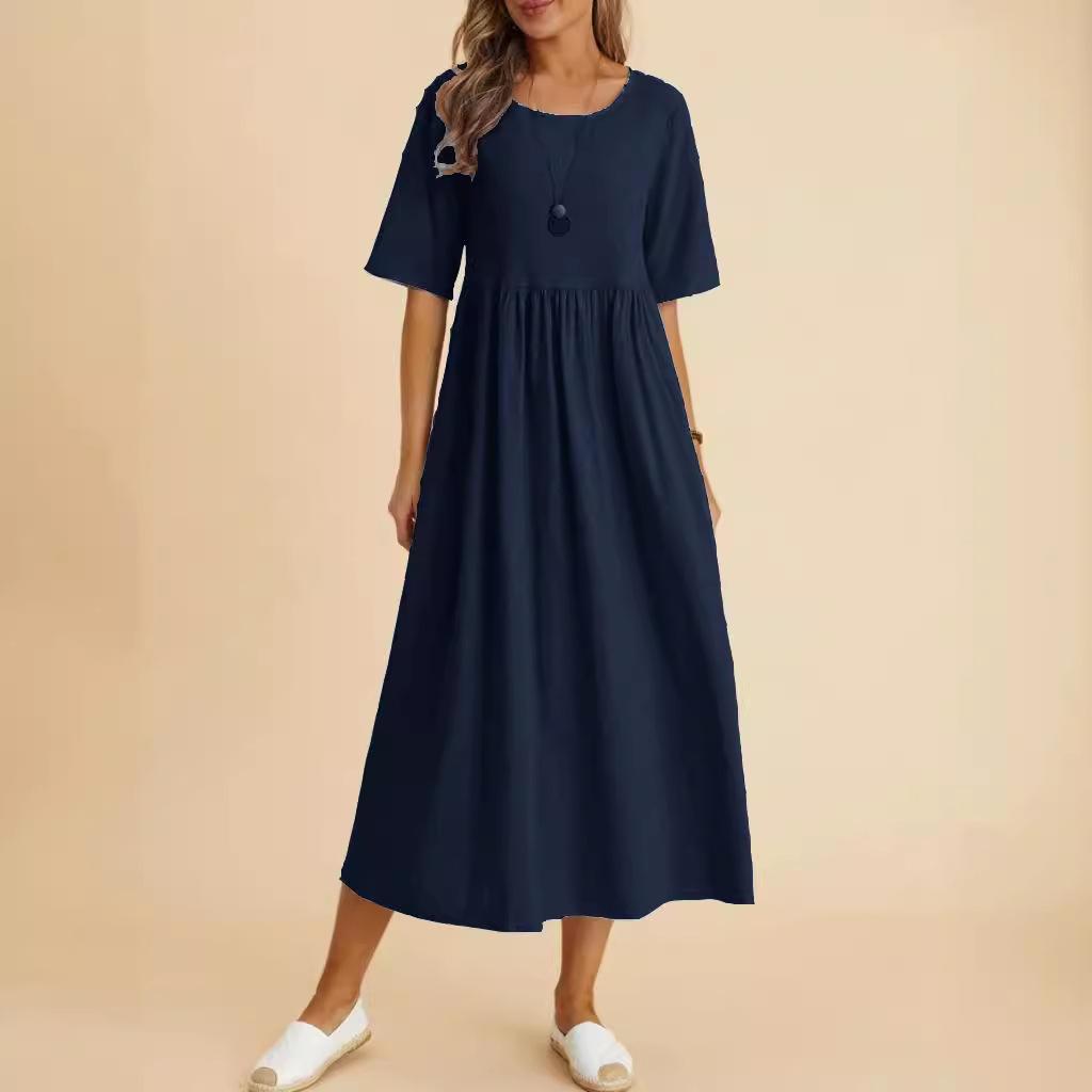O Neck Loose Cotton Linen Pocket Long Dress Solid Color Women Half Sleeve Pleated Dresses