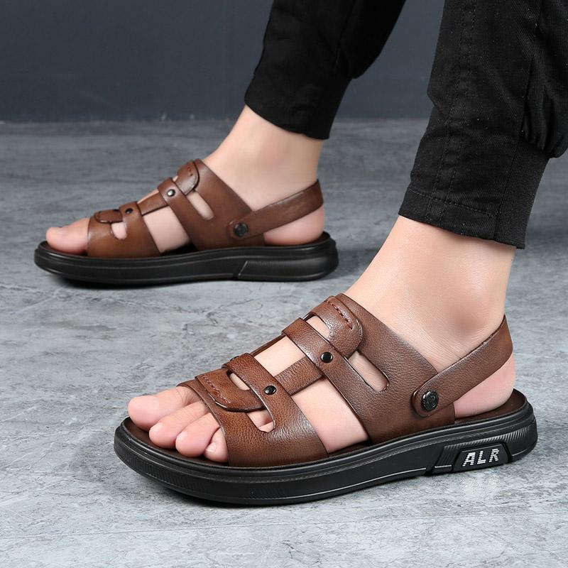 Модные летние мужские черные сандалии из высококачественной кожи, повседневная обувь для мужчин, дышащая пляжная обувь, уличные тапочки, пляжная обувь с латексной подкладкой