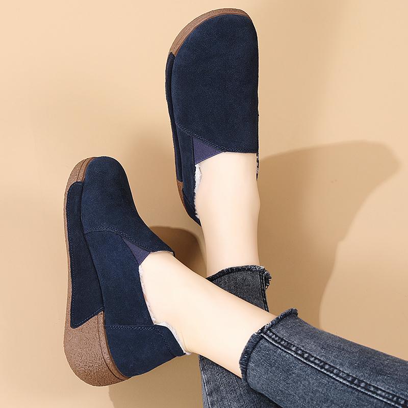 Женские мокасины на платформе Зимние теплые меховые кожаные туфли Женские туфли на толстой подошве Slip on для увеличения роста