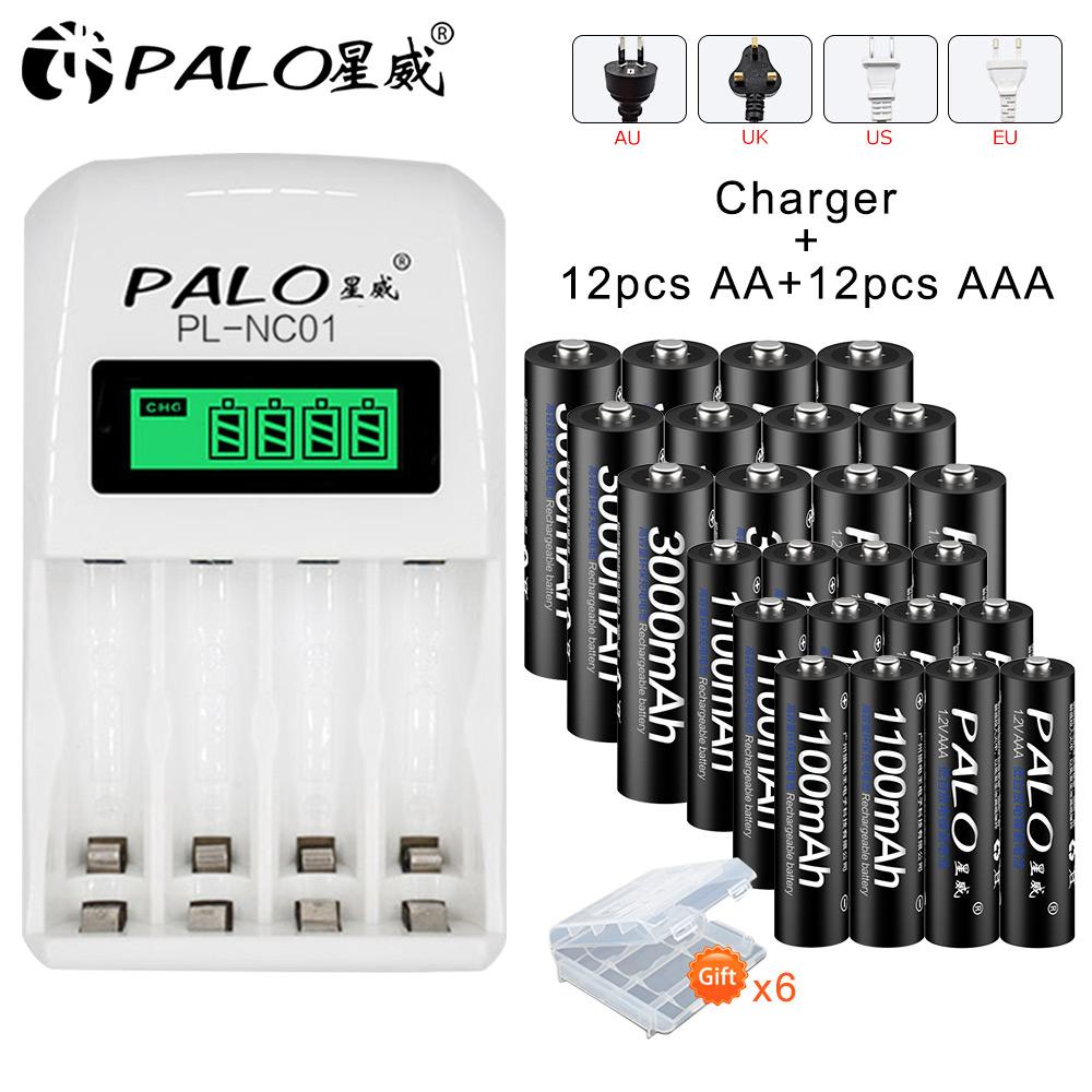 Аккумуляторные батареи AA 1,2 В + аккумуляторная батарея AAA 3A с чехлом для батареи + интеллектуальное зарядное устройство с ЖК-дисплеем