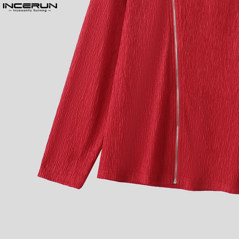 INCERUN Мужские весенние футболки с длинным рукавом на молнии с текстурой