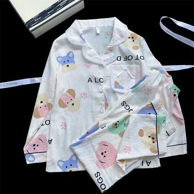 Корейский мультяшный принт с лацканами и воротником из двух предметов, пижамный комплект для женщин, милый кавайный универсальный пижамный комплект на осень-зиму, новая ночная одежда