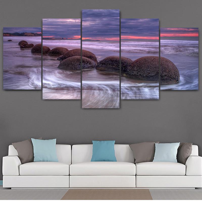 5 панелей Морской пейзаж Морской большой круглый камень Красочное небо Холст Картина Плакаты и принты Настенная картина Домашний декор без рамки