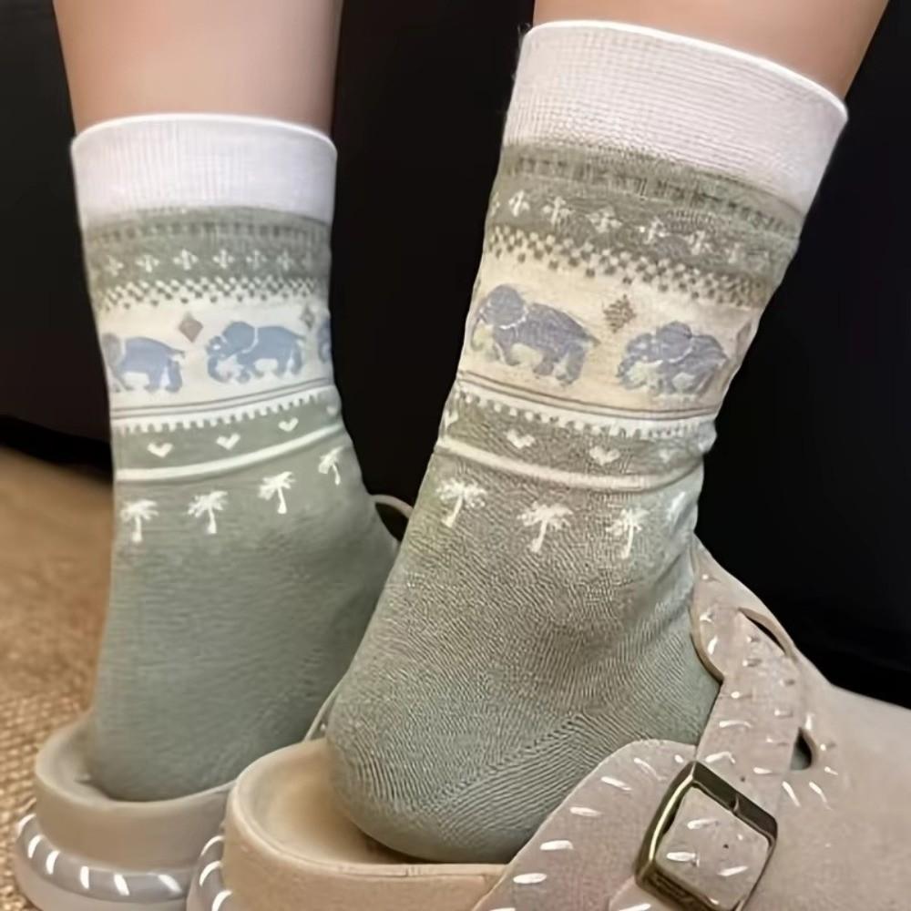 5 Pairs Breathable Mid Tube Socks Retro Knit Cartoon Animal Socks Women Stockings Daily Wear