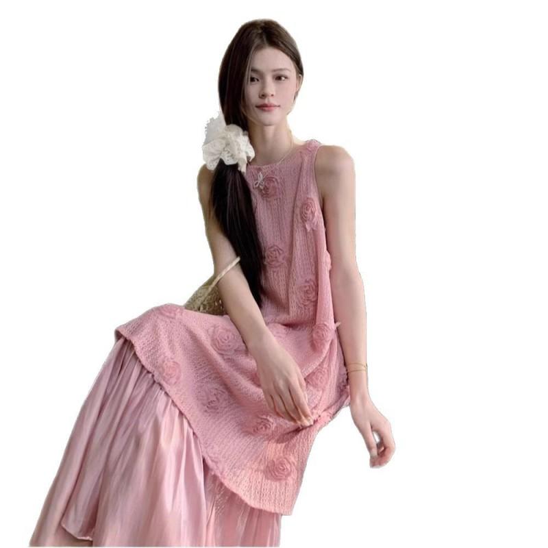 Womens Beach Vacation Dress With 3D Floral Embellishment Loose Fit A-Line Sleeveless Maxi In Pink Black White