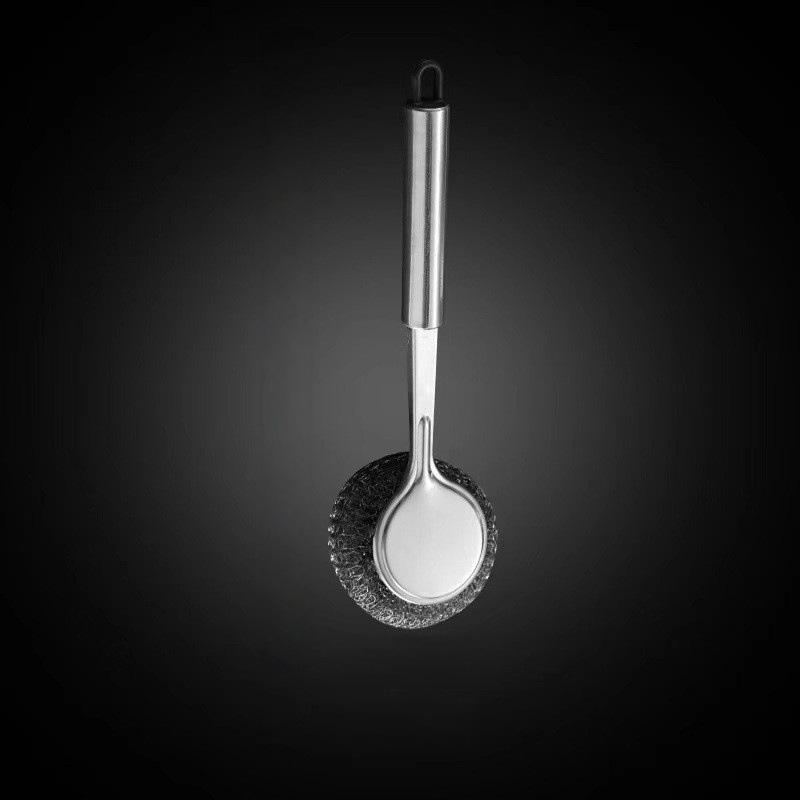 Кастрюльная щетка из нержавеющей стали с длинной ручкой и сменной головкой из высокоплотной стальной ваты для эффективной очистки кухни.