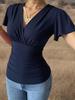 Женская однотонная футболка с V-образным вырезом и короткими рукавами Весна/Лето 2025 - Модный и элегантный топ