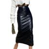 Women Faux Leather Midi Skirt High Waist Hip Wrapped Solid Color Long Skirt Slim