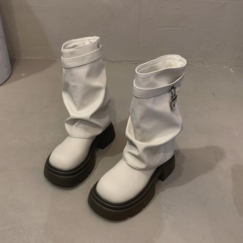 Модные женские полусапоги на платформе, из кожи, с круглым носком, тренд весна-осень 2025, дизайнерские, роскошные, до середины икры, по акции