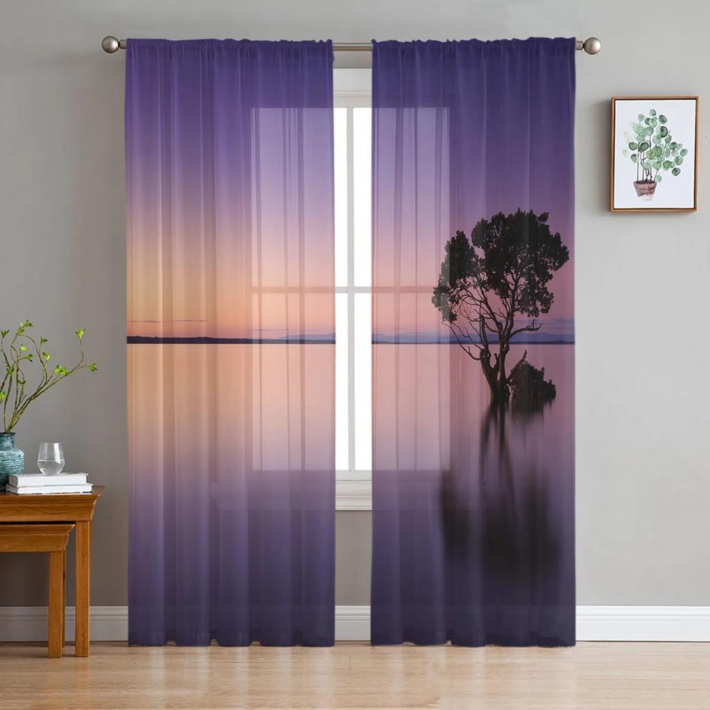 Sunset Tree Water Silhouette Window Curtain for Bedroom Sheer Curtain for Living Room Luxury Tulle Curtain for Kitchen