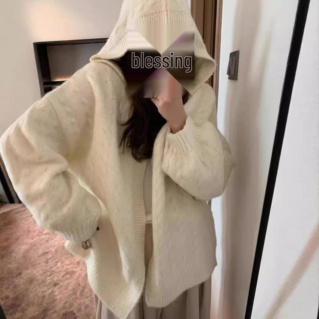 2024 Autumn-Winter Cozy Loose Lantern Sleeve Hooded Cardigan for Women