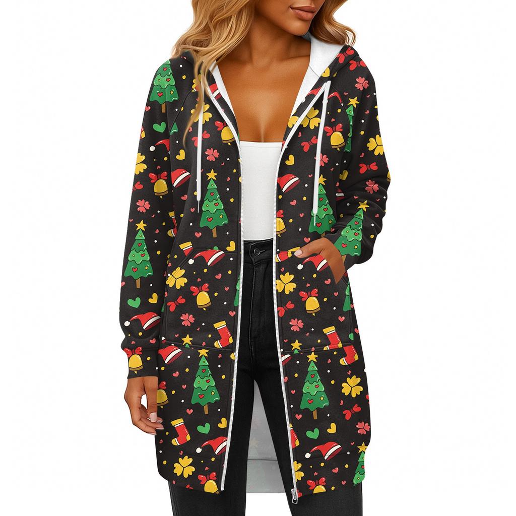 Женская модная рождественская толстовка с длинными рукавами, капюшоном на кулиске, карманом на молнии, длинная, повседневная
