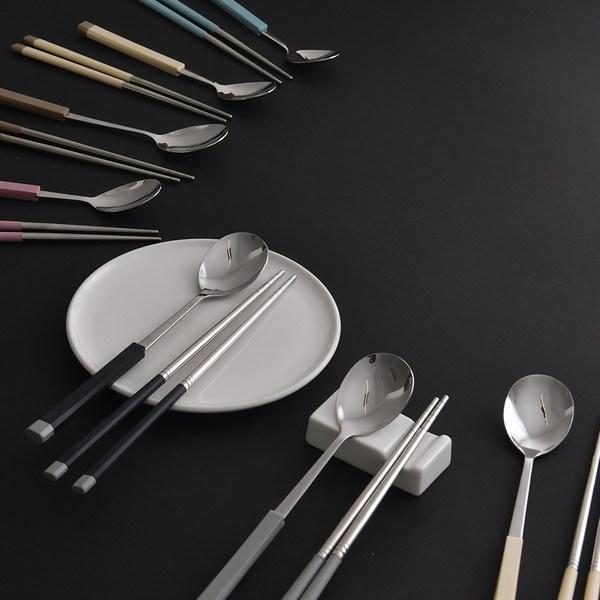 Diyou Sangsang&Stainless Steel Korean Junior Cutlery Set for 2, Blue, Ivory, 2 Types of Spoons + 2 Types of Chopsticks, 1 Set