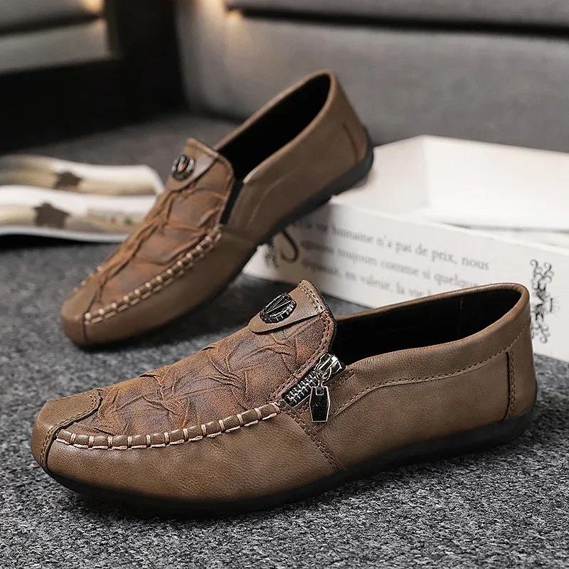 Fashion Leather Men Casual Shoes Outdoor Breathable Walking Shoes Lightweight Mens Loafers Lazy Shoes Soft Sole Male Sneakers