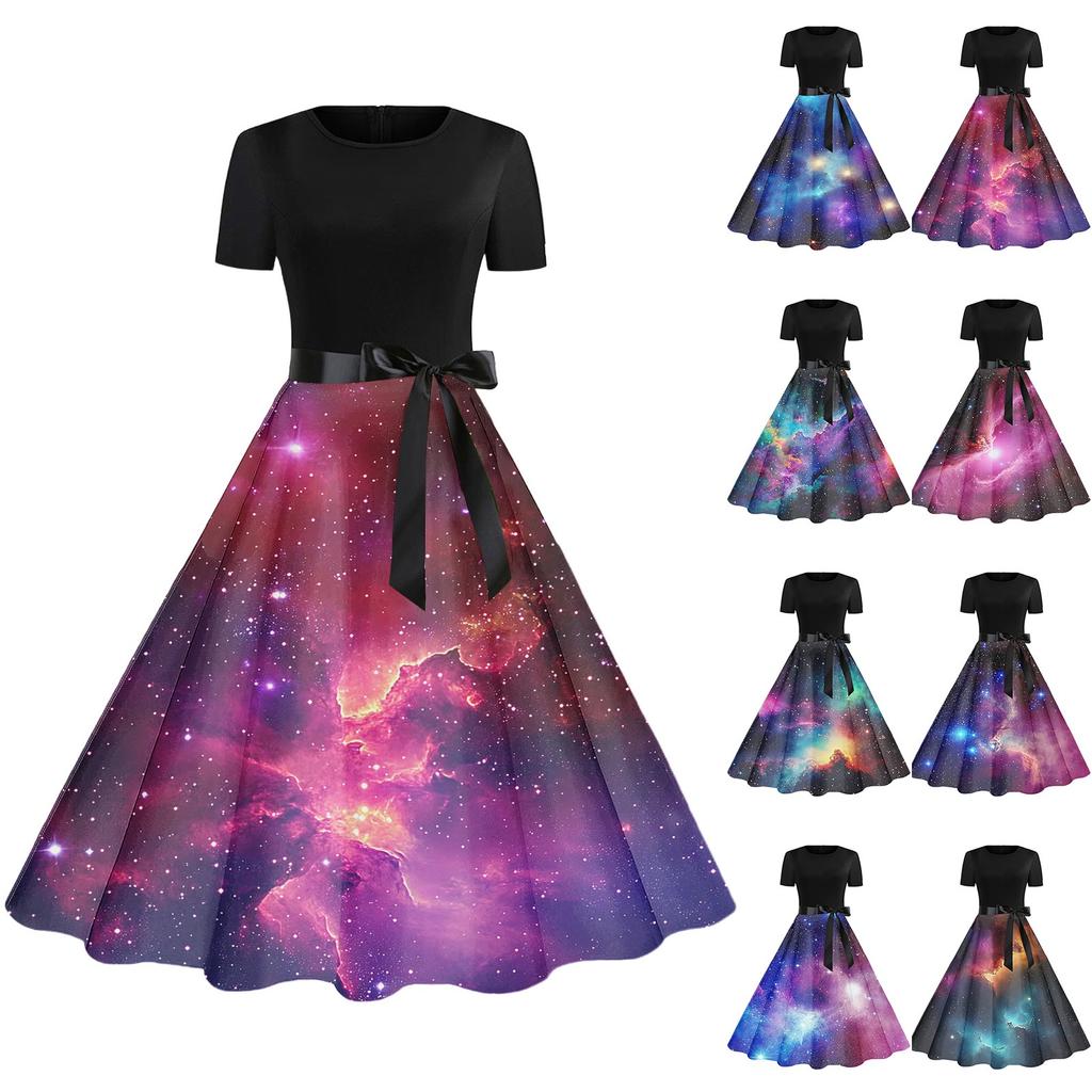 Платье-клеш в стиле ретро с принтом для женщин, повседневное, с коротким рукавом, круглым вырезом, винтажное платье