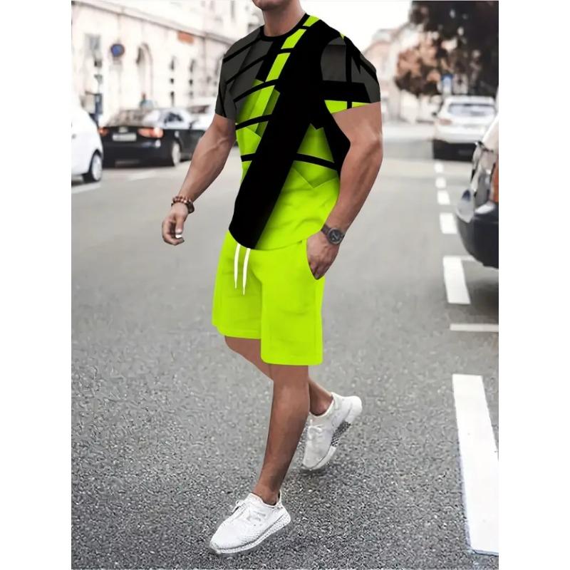 2025 Urban Street Trend Men's Suit Summer Casual Short Sleeve Shorts 2 Pieces Unique Geometric Print Outdoor Casual