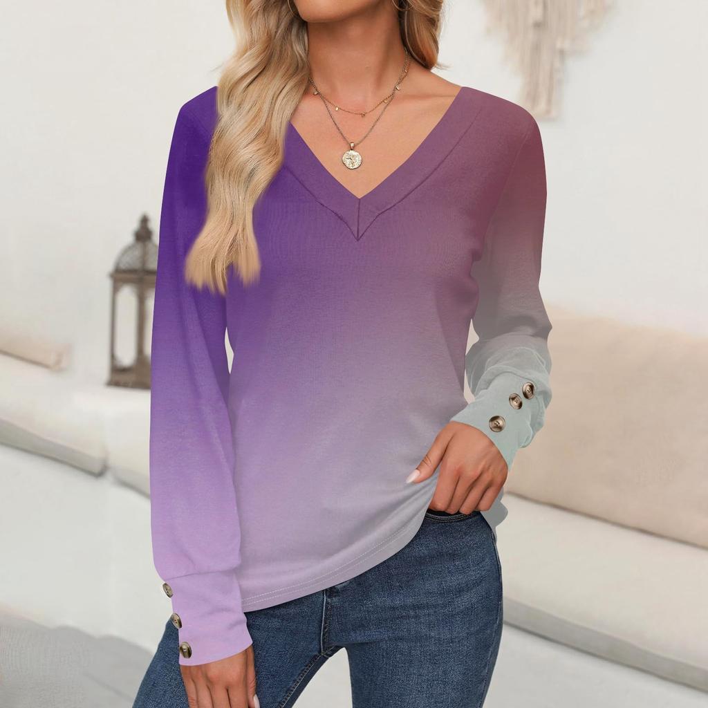 Women's Tops Gradient Printed Long Sleeve Shirt V Neck Casual Loose T-Shirt Autumn Clothing