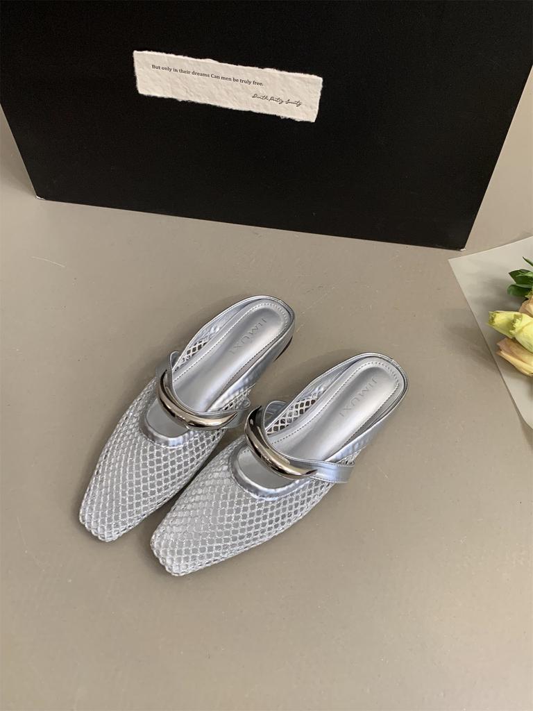 Fashion Women Mesh Ballet Flats Fishnet Ballerina Flats Buckle Strap Slip On Ballerina Shoes Summer New Mesh Beach Slides Outside Mules