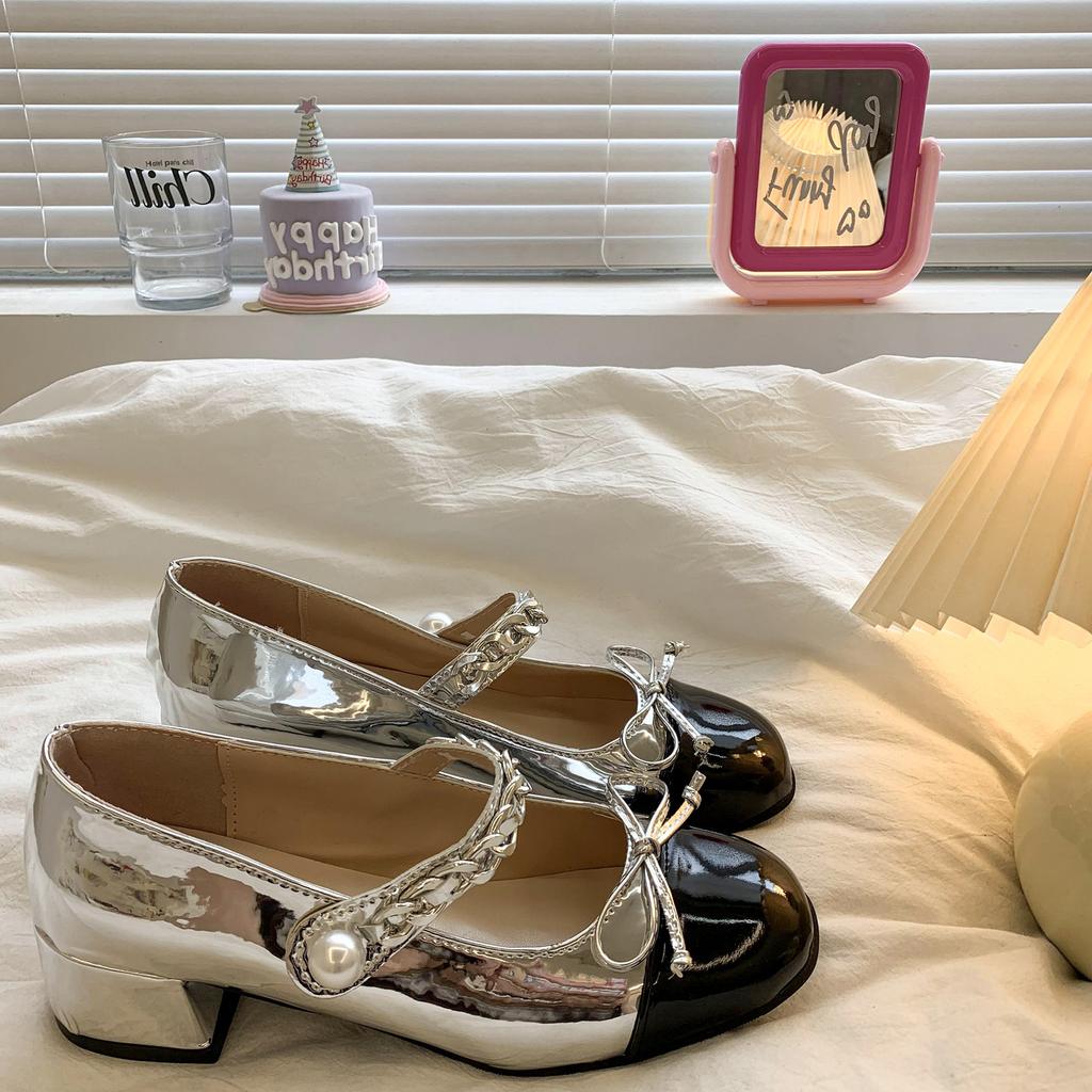 2025 Spring New Square Head Bow Shallow Mouth Mary Jane Shoes French Fairy Small Fragrant Wind Medium Thick Heel Single Shoes Women