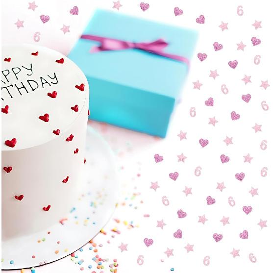 200PCS Number 6 Confetti, Pink Glitter 6th Birthday Paper Confetti, Twinkle Star/Sweet Heart Cut Out for Girls, 6th Anniversary Party Decoration